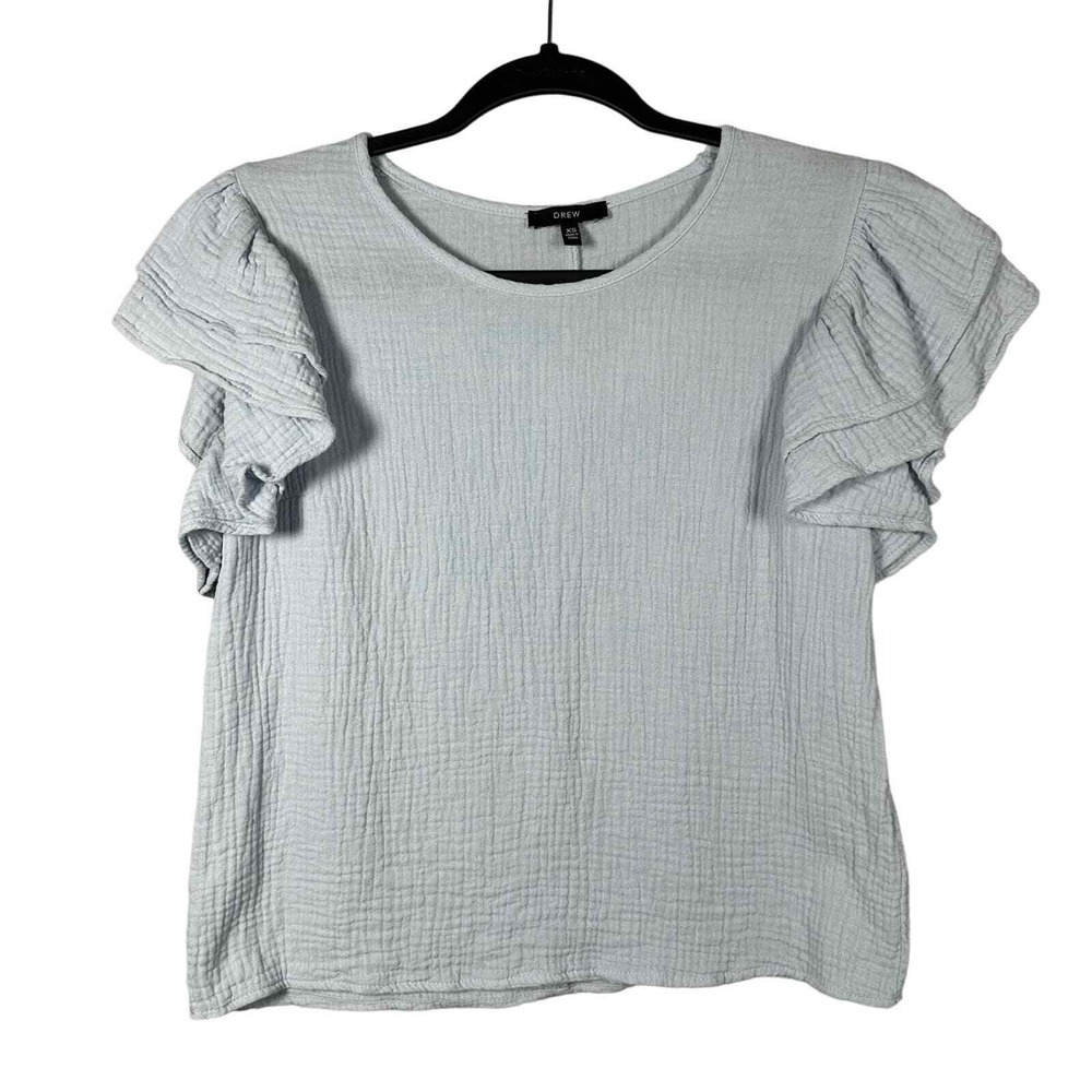 Drew XSmall Blouse Light Blue Short Sleeve Ruffle Tiered Cotton Gauze Top